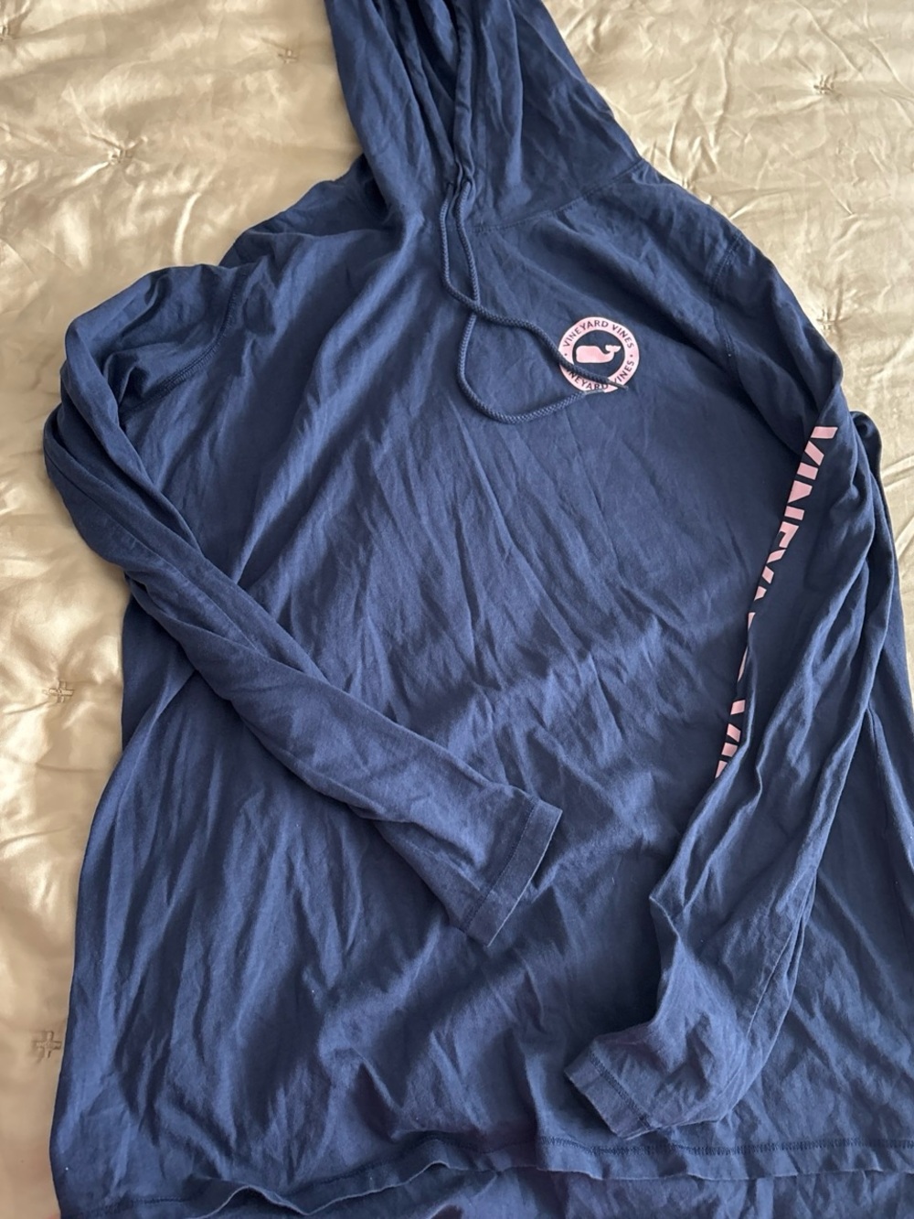 Vineyard Vines Navy Hoodie with Pink Logo and Sleeve Script